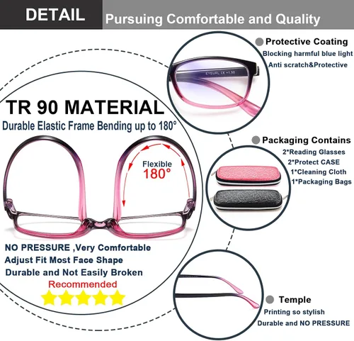 Miniatura 4 de EYEURL Gafas de lectura para hombres y mujeres, lentes de bloqueo de luz azul que reducen la fatiga ocular, paquete de 2 unidades, marco TR90 ligero