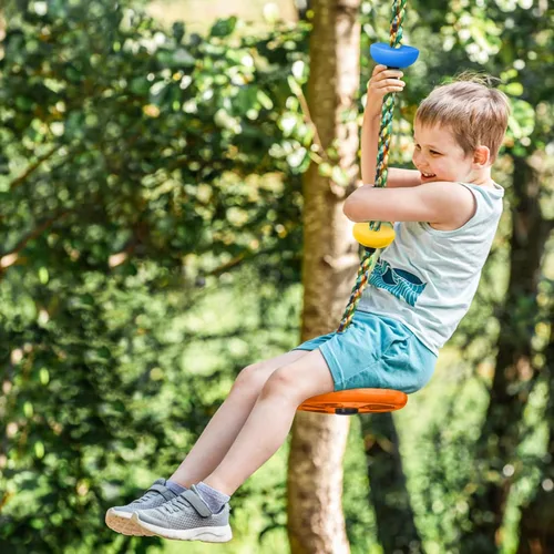 Miniatura 7 de Columpio de árbol para niños, juego de cuerda de escalada de asiento de un solo disco resistente con correa para colgar y mosquetones de plataforma