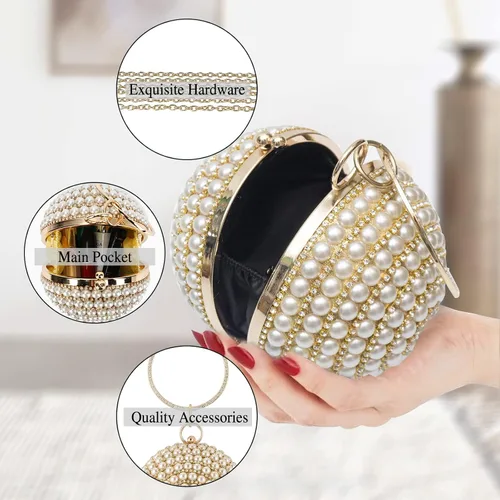Miniatura 4 de Bolso de mano redondo para mujer, con diamantes de imitación, bolso de noche con cuentas de perlas