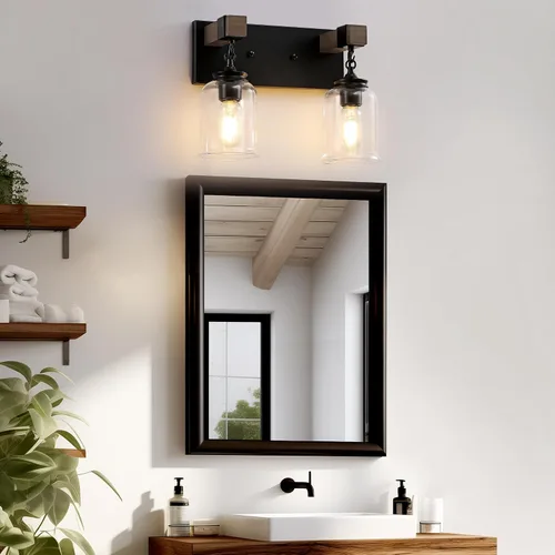 Miniatura 8 de VbiTmn Accesorios de Iluminación para Baño Estilo Granja, Lámpara de Tocador para Baño de 2 Luces Negro Mate, Estilo Industrial con Pantallas