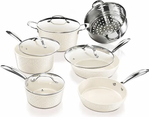 Gotham Steel Hammered - Juego de utensilios de cocina de cerámica antiadherentes, ollas y sartenes antiadherentes con utensilios de cocina de