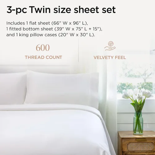 Miniatura 2 de Threadmill Sábanas de Algodón 100% para Cama Individual - Juego de Sábanas de 600 Hilos para Cama Individual con Bolsillo Profundo de 15" - Juego