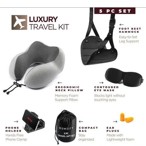 Miniatura 8 de Homeify Kit de viaje en avión, almohada ajustable para el cuello del avión de espuma viscoelástica con soporte para teléfono, máscara de ojos, Gris