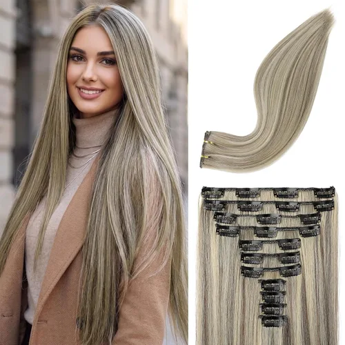 REECHO Extensiones de cabello, 11 piezas de extensiones de cabello con clip de 24 pulgadas de largo, lacio, HE005, extensiones sintéticas naturales