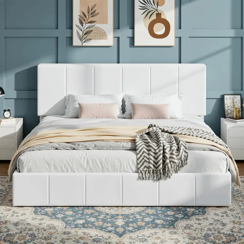 Miniatura 15 de SHA CERLIN Marco de cama tamaño queen, cama de plataforma tapizada en terciopelo holandés, cabecera ajustable con canales verticales acolchados