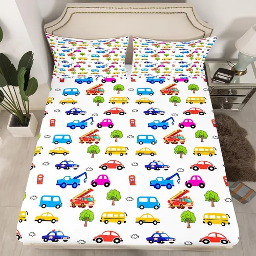Miniatura 28 de Juego de sábanas bajeras ajustables para niños, diseño de caricaturas, camiones, tamaño individual, juegos de ropa de cama de excavadoras, camiones