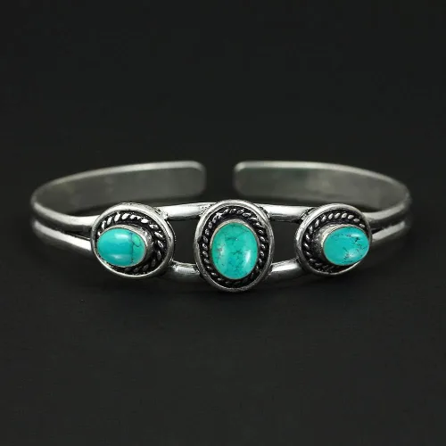 Miniatura 6 de Natural Three Gemstones 925 Silver Overlay Open Bangle for Women - Oval Stone Vintage Style Handmade Adjustable Cuff Bracelet Jewelry - Perfect for