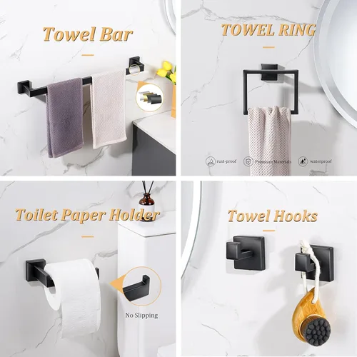Miniatura 2 de Juego de accesorios de baño de 5 piezas, color negro mate, toallero montado en la pared, soporte para papel higiénico, ganchos de acero inoxidable