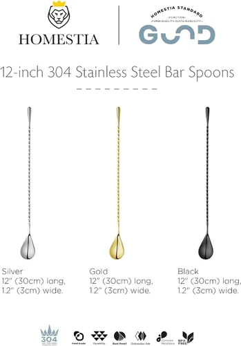 Miniatura 9 de Homestia Juego de 2 cucharas de barra negras de 12 pulgadas, cucharas de mezcla de cóctel de mango largo de acero inoxidable con mango en espiral