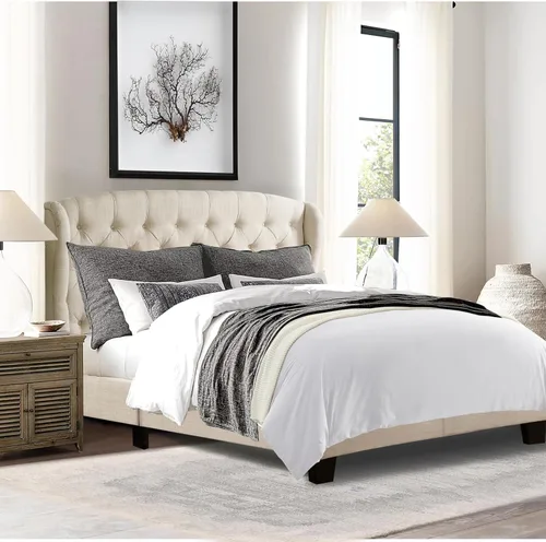 Miniatura 12 de Rosevera Marcelle - Marco de cama con respaldo de alas con cabecera ajustable de diseño distintivo, tapizado con botones para dormitorio, soporte