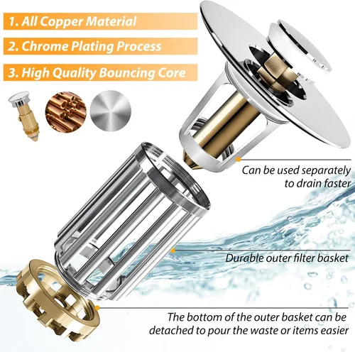 Miniatura 2 de Anlige Colador de drenaje para lavabo de baño, 2PCS Tapón emergente 3 en 1 para lavabo de baño con cesta de latón extraíble atrapa cabellos, tapón