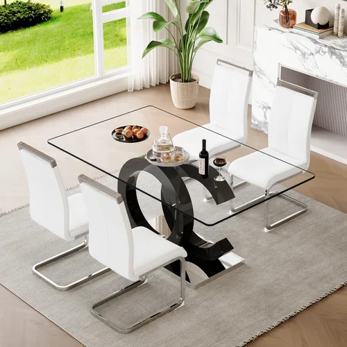Miniatura 58 de gopop Mesa de comedor de cristal de 63 pulgadas, mesa de cocina moderna, mesa de comedor de vidrio transparente con patas de diseño único negro
