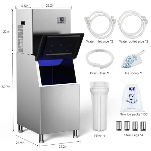 Miniatura 6 de Máquina comercial de hielo de 650 libras/24 h, almacenamiento de 400 libras, listo para hielo en 5-15 minutos, con modo de autolimpieza y función