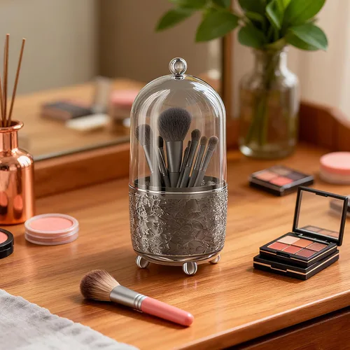 Miniatura 2 de Soporte para brochas de maquillaje con tapa, organizador de herramientas cosméticas con tapa, apertura deslizante giratoria de 360°, contenedor
