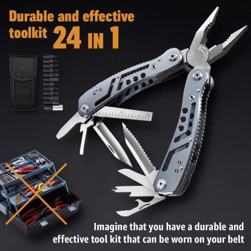 Miniatura 3 de Multiherramienta 24 en 1 con cuchillo, alicates y 11 puntas de acero inoxidable afilado, multiherramienta para hombres, equipo ideal