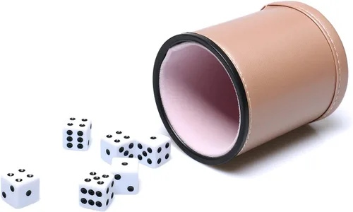 Juego de dados de cuero sintético, cuero de oro rosa y terciopelo de niebla lila, taza de dados profesionales con 6 dados de puntos negros para