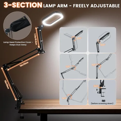Miniatura 4 de Lupa Rectangular 10X con Luz, 3 Brazos 5 Modos de Color, Lupas Grandes con Abrazadera, Lámpara de Escritorio Iluminada con Lupa de Manos Libres