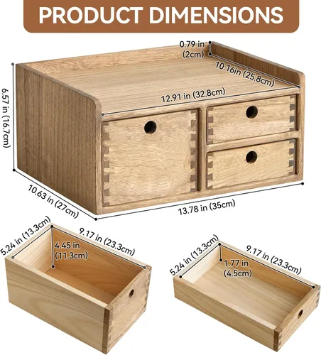Miniatura 2 de KIRIGEN Organizador de escritorio con 3 cajones - Caja de almacenamiento con cajones de madera y bandejas para mesa - Organizador de herramientas
