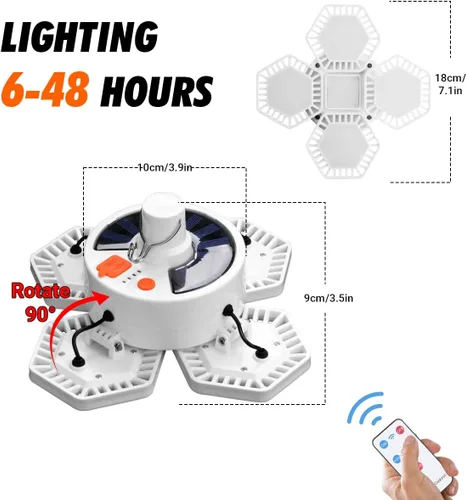 Miniatura 8 de Luz solar USB para campamento con control remoto, linterna plegable recargable, iluminación de 360°, impermeable, luces colgantes para tienda