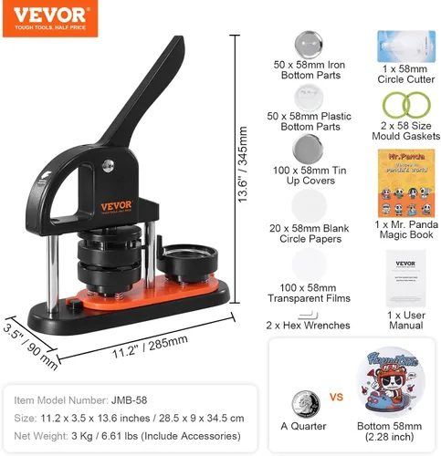 Miniatura 7 de VEVOR - Máquina para hacer botones, 2.25 pulgadas/58mm, con 100 piezas de botones, máquina para hacer botones con libro mágico de pandas, kit