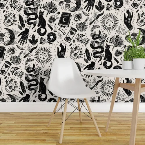 Miniatura 3 de Muestra de papel tapiz extraíble – Negro Blanco Gótico Gótico Magia Halloween Bruja Monocromo Personalizado pre-pegado Papel pintado por Spoonflower