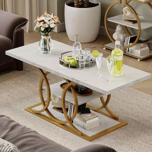Miniatura 8 de GiftGo Mesa de café rústica con almacenamiento industrial de 3 niveles, mesa de centro de madera rectangular estilo granja para sala de estar, mesa