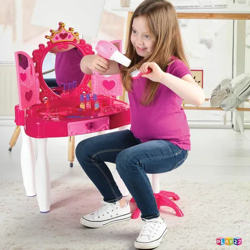 Miniatura 2 de Play22 Juego de tocador para niñas con espejo y taburete, 21 piezas, juego de mesa de maquillaje para niños con luces y sonidos, incluye accesorios