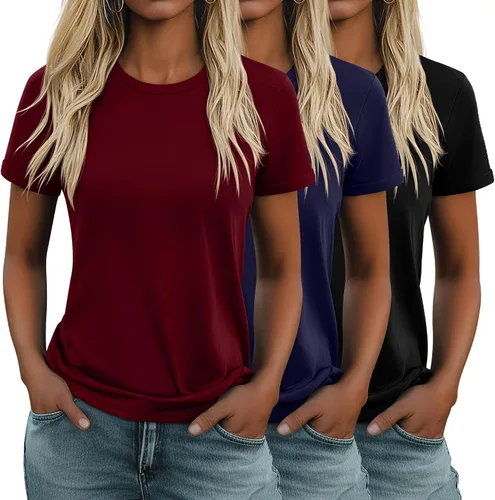Miniatura 18 de Huukeay Paquete de 3 camisetas de algodón para mujer, estilo casual, de manga corta, cuello redondo, ajuste holgado, básica, lisa