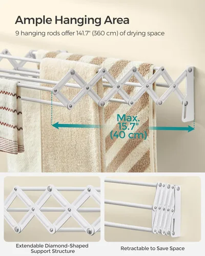 Miniatura 7 de SONGMICS Estante de secado de ropa, estante de secado de ropa montado en la pared, pequeño estante de lavandería acordeón, 9 varillas colgantes