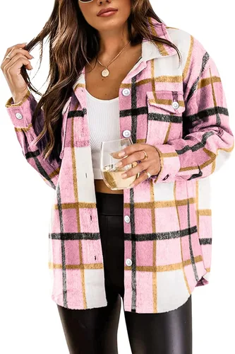 Miniatura 13 de Tanming - Chaquetas de franela cepillada para mujer, a cuadros, con botones, solapas y bolsillos, camisa tipo chaqueta