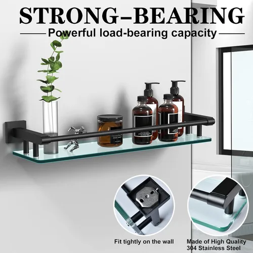 Miniatura 3 de Estante de vidrio para baño de 20 pulgadas, estantes rectangulares de vidrio templado de acero inoxidable moderno para montaje en pared, estante