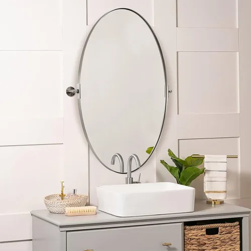 Miniatura 13 de MOON MIRROR Espejo de pivote ovalado dorado, espejo de tocador de baño de latón cepillado, espejo inclinable ovalado con marco fino de acero