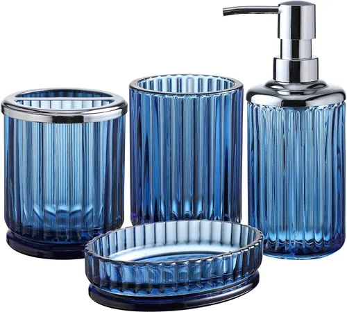 Juego de 4 accesorios de baño de vidrio azul pesado con patrón decorativo prensado, incluye dispensador de jabón de mano, vaso, jabonera y soporte