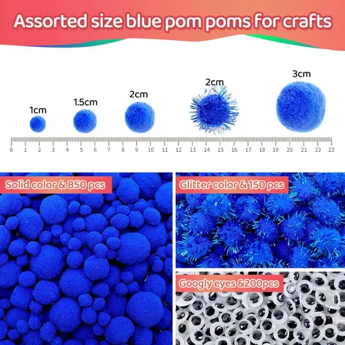 Miniatura 2 de Iooleem Pompones azules, 1200 pompones de varios tamaños, pompones para artes y manualidades, pompones con ojos ondulados en frasco, pompones