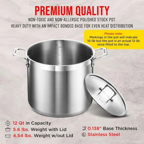 Miniatura 6 de Olla de acero inoxidable con tapa de 12 cuartos de galón, acero inoxidable 18/8 duradero, base con unión por impacto para calentamiento uniforme
