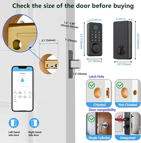 Miniatura 6 de Cerradura de entrada sin llave para puerta delantera, cerradura de puerta de huellas dactilares con teclado de pantalla táctil, cerrojo electrónico