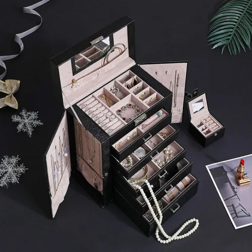 Miniatura 2 de ANWBROAD Caja de joyería grande de 6 niveles, organizador de joyas con cerradura de espejo, caja de joyería para niñas, aretes, anillos, collares