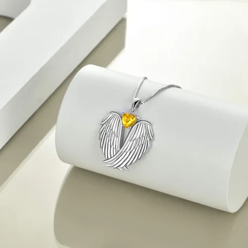 Miniatura 3 de YFN Collar de alas de ángel de plata de ley 925 con colgante de alas de ángel de la guarda, collar de piedra natal para mujeres y niñas, regalos