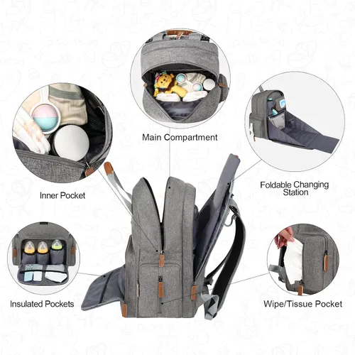 Miniatura 5 de Mochila para pañales con cambiador, organizador de bolsas de pañales para mamás, papás, bolsas cambiadoras grandes para bebés Gris