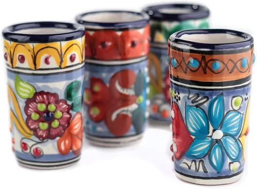 Miniatura 9 de Juego de 4 vasos de chupito Talavera auténticos mexicanos para tequila - Pintados a mano - 2 Oz (Talavera colorida)