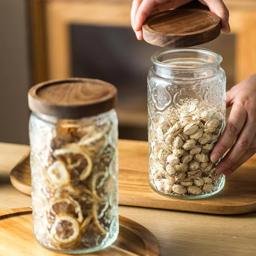 Miniatura 3 de Tarro de almacenamiento de vidrio vintage, recipiente de almacenamiento de alimentos para cocina y despensa con tapa de madera hermética