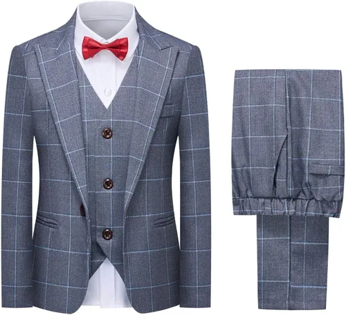 Conjunto de trajes para niños, chaqueta a cuadros, chaleco, pantalones de un solo pecho, chaqueta formal para boda, fiesta, baile de graduación