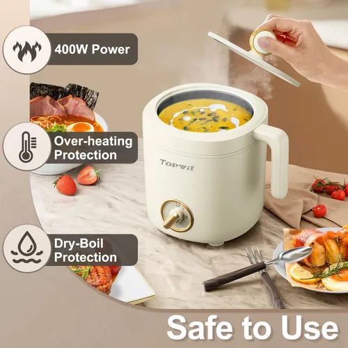 Miniatura 6 de TOPWIT Olla Caliente Eléctrica para Cocinar, Cocedor de Ramen de 1.2L, Cocedor de Fideos Portátil Antiadherente para Pasta, Sopa, Bistec, Avena