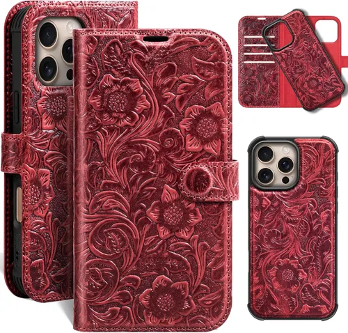 Miniatura 27 de Funda de cuero compatible con iPhone 16 Pro Max Cartera 6.9", cuero genuino 2 en 1, magnética, desmontable, a prueba de golpes, funda tipo folio