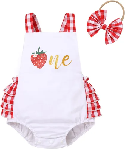 Miniatura 34 de IMEKIS Conjunto de ropa para bebé niña de primer cumpleaños con diadema de verano para sesión de fotos