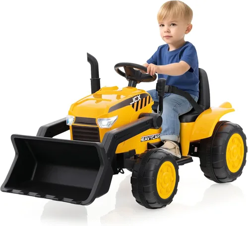HONEY JOY Excavadora de montar, excavadora con ruedas de 12 V con batería para niños, con cubo de excavación ajustable, faros, música, bocina,