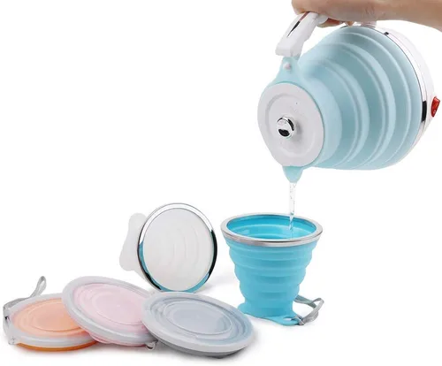 Miniatura 6 de ShineMe - Hervidor de agua eléctrico portátil ultrafino de silicona de grado alimenticio de doble voltaje de 110-220 V con taza, adaptador universal