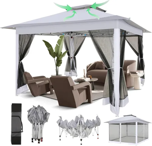 Miniatura 40 de COBIZI - Tienda desplegable de 3,66 x 3,66 metros en oferta - Cenador portátil de metal para exteriores con mosquitero, impermeable - Cenador Caqui