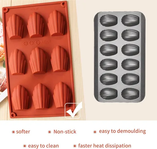 Miniatura 3 de Molde de Madeleine de 9 cavidades, 2 moldes de silicona antiadherentes, molde para hornear pastel con forma de concha (rojo ladrillo)