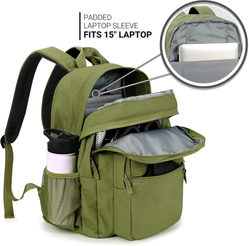 Miniatura 4 de ZORFIN - Mochila de 26 litros para la escuela, universidad y viajes, impermeable, con 8 compartimentos, Verde militar, Moderno